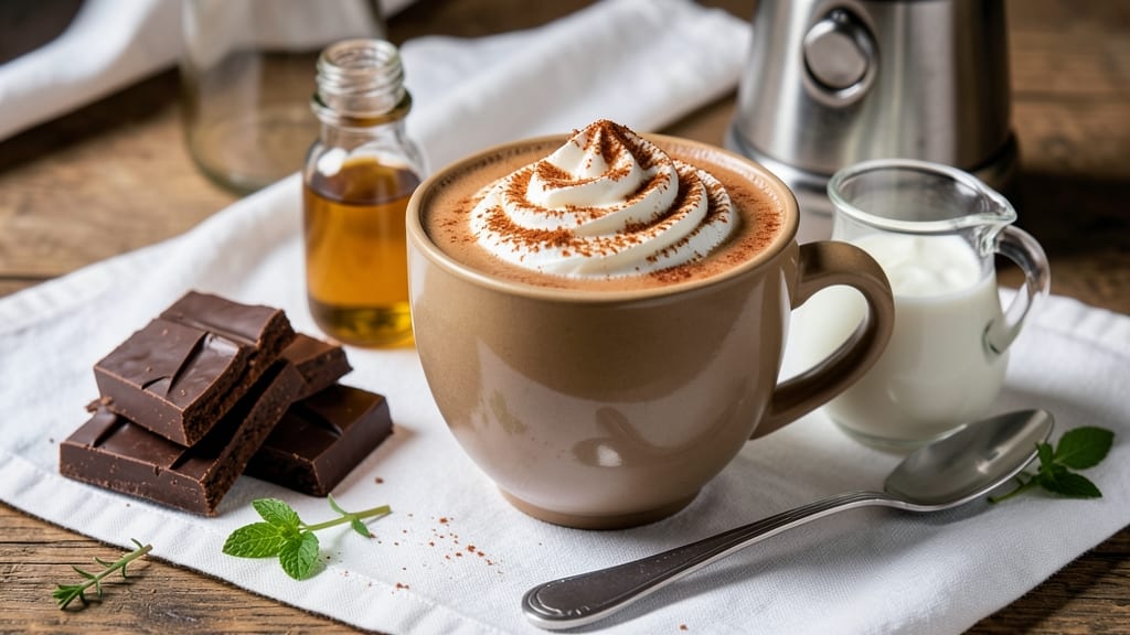 Café-Style Hot Chocolate Recipe: Whipped Cream Topping and Spiced Cinnamon Dust