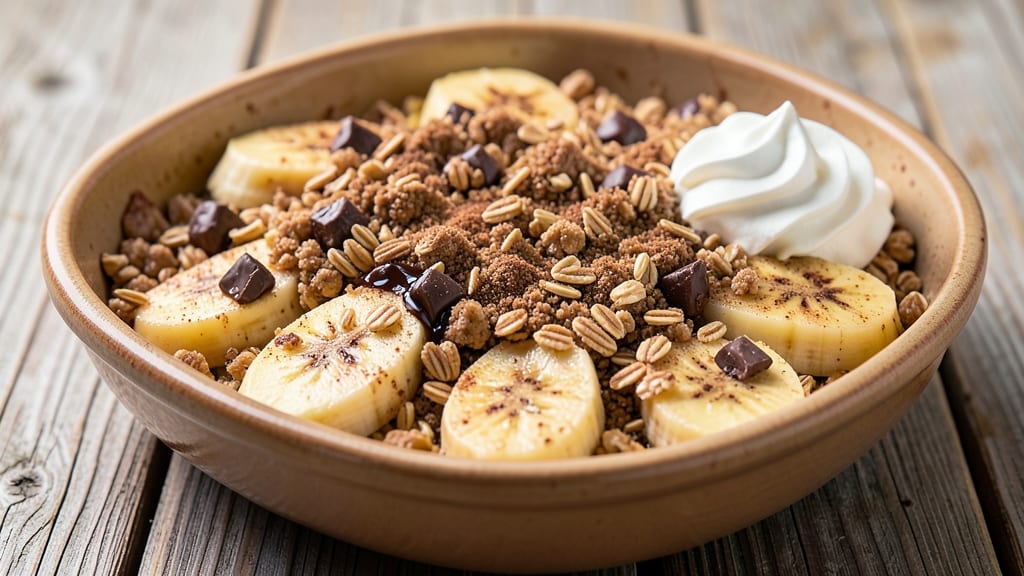 Banana Chocolate Crumble Recipe: Warm Spiced Topping Over Melty Sweet Rivers